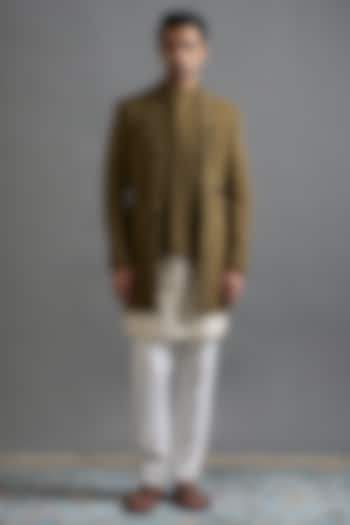 Olive Green Polyester Dabka Embroidered Wedding Indowestern Set by Gargee Designers at Pernia's Pop Up Shop