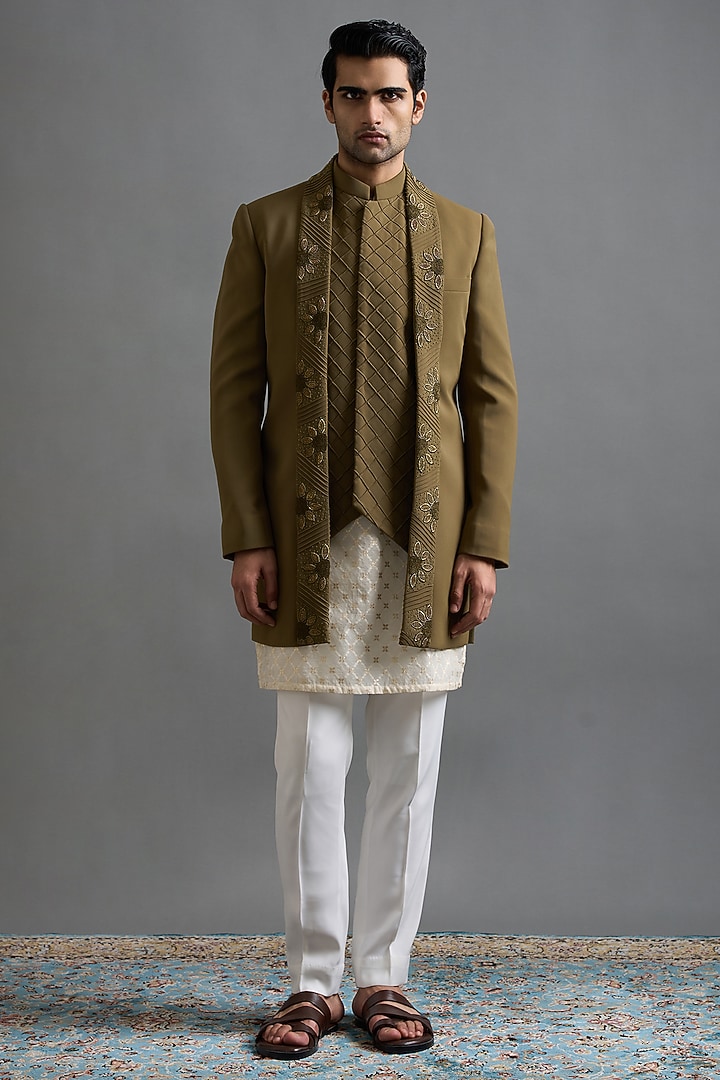 Olive Green Polyester Dabka Embroidered Wedding Indowestern Set by Gargee Designers at Pernia's Pop Up Shop