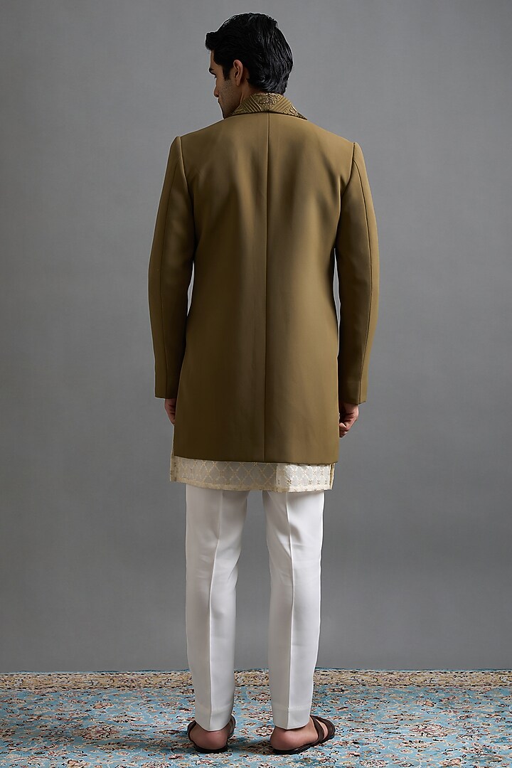 Olive Green Polyester Dabka Embroidered Wedding Indowestern Set by Gargee Designers at Pernia's Pop Up Shop