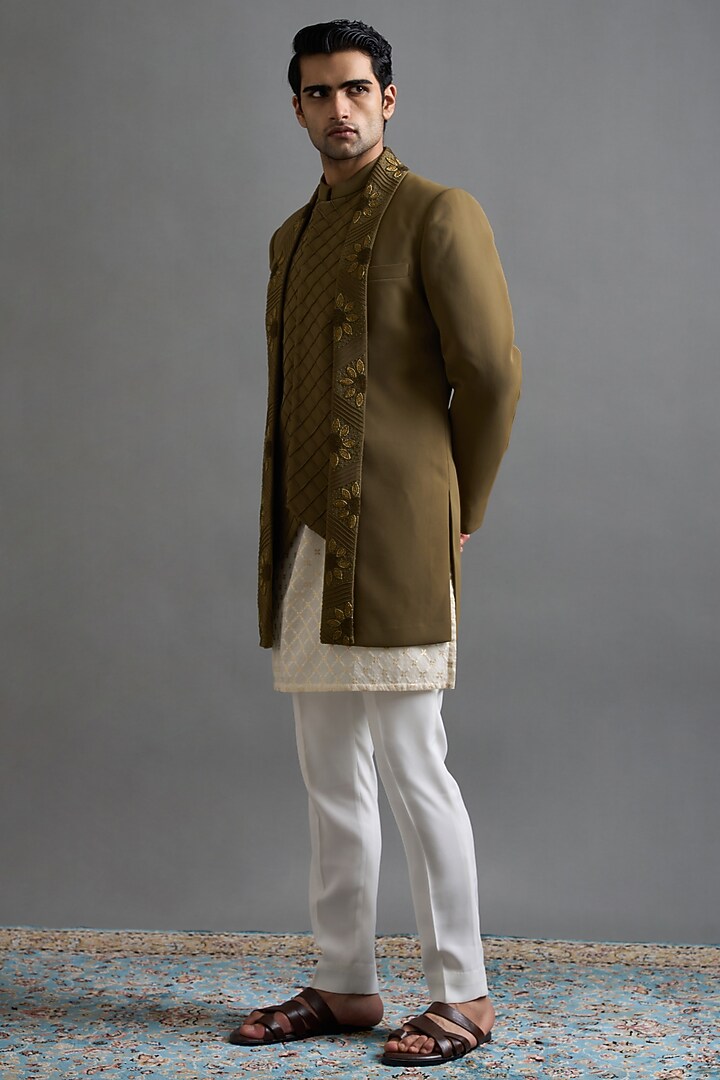 Olive Green Polyester Dabka Embroidered Wedding Indowestern Set by Gargee Designers at Pernia's Pop Up Shop