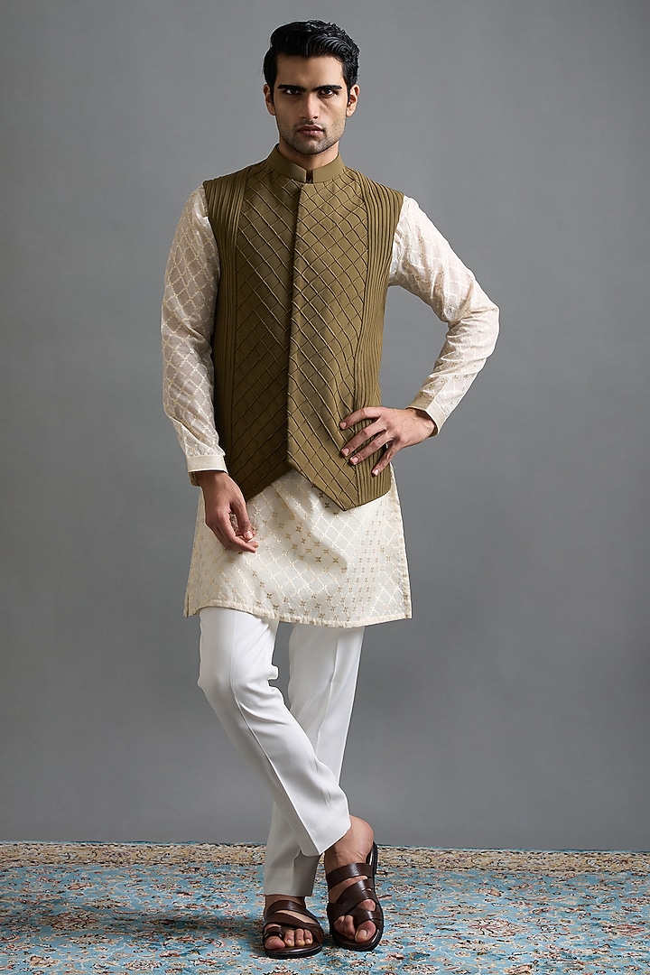 Olive Green Polyester Dabka Embroidered Wedding Indowestern Set by Gargee Designers at Pernia's Pop Up Shop