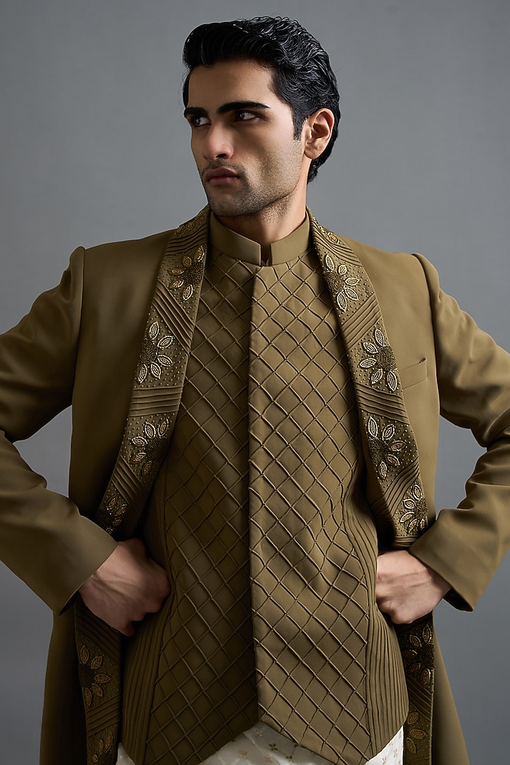 Olive Green Polyester Dabka Embroidered Wedding Indowestern Set by Gargee Designers at Pernia's Pop Up Shop