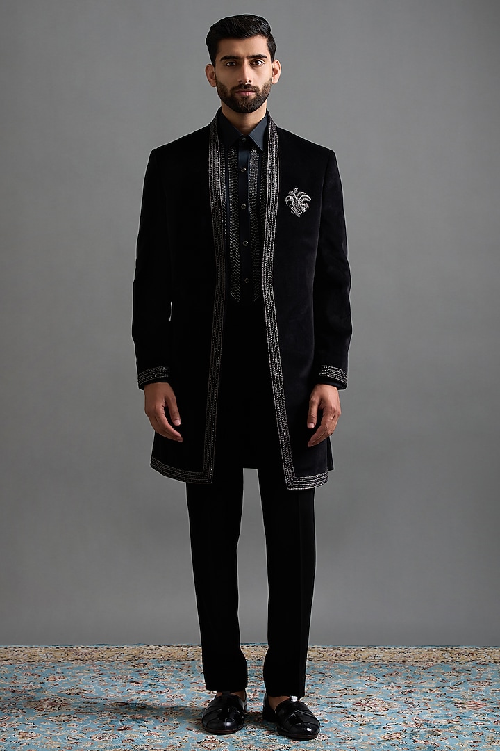 Black Polyester Hand Embroidered Wedding Indowestern Set by Gargee Designers at Pernia's Pop Up Shop