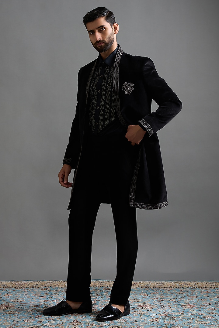 Black Polyester Hand Embroidered Wedding Indowestern Set by Gargee Designers at Pernia's Pop Up Shop
