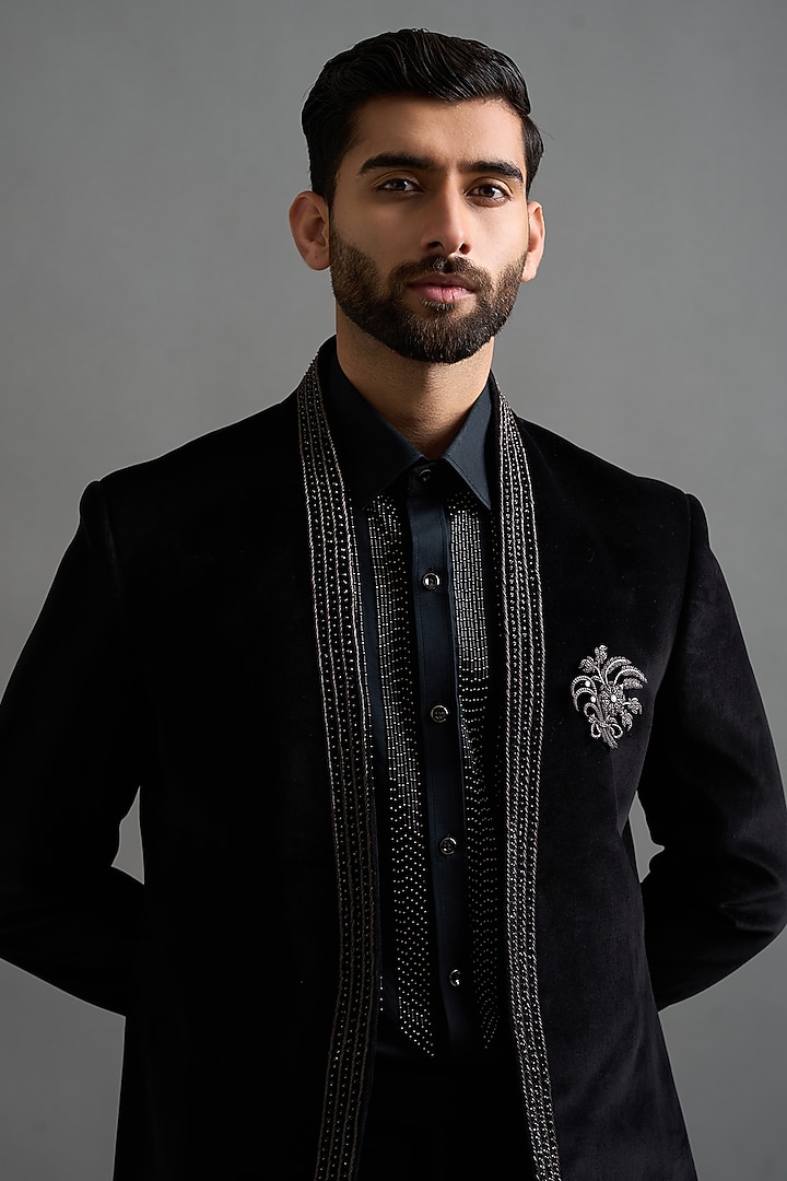 Black Polyester Hand Embroidered Wedding Indowestern Set by Gargee Designers at Pernia's Pop Up Shop