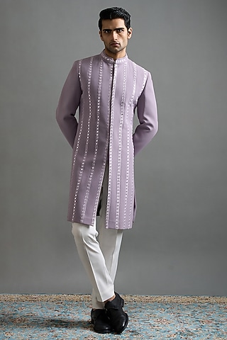 Lilac Polyester Mirror Embroidered Indowestern Set by Gargee Designers