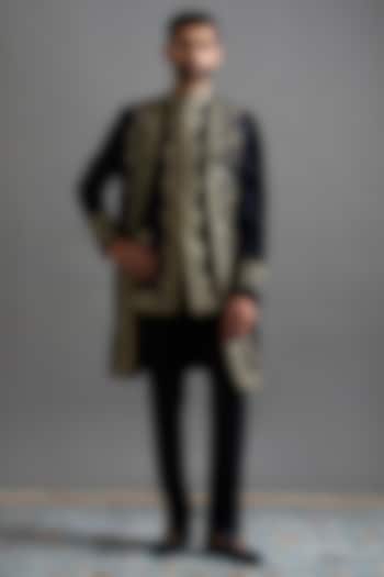 Navy Blue Velvet Hand & Machine Embroidered Wedding Indowestern Set by Gargee Designers at Pernia's Pop Up Shop