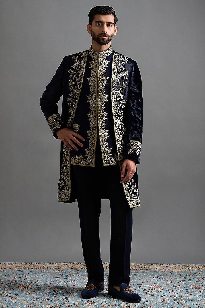 Navy Blue Velvet Hand & Machine Embroidered Wedding Indowestern Set by Gargee Designers at Pernia's Pop Up Shop