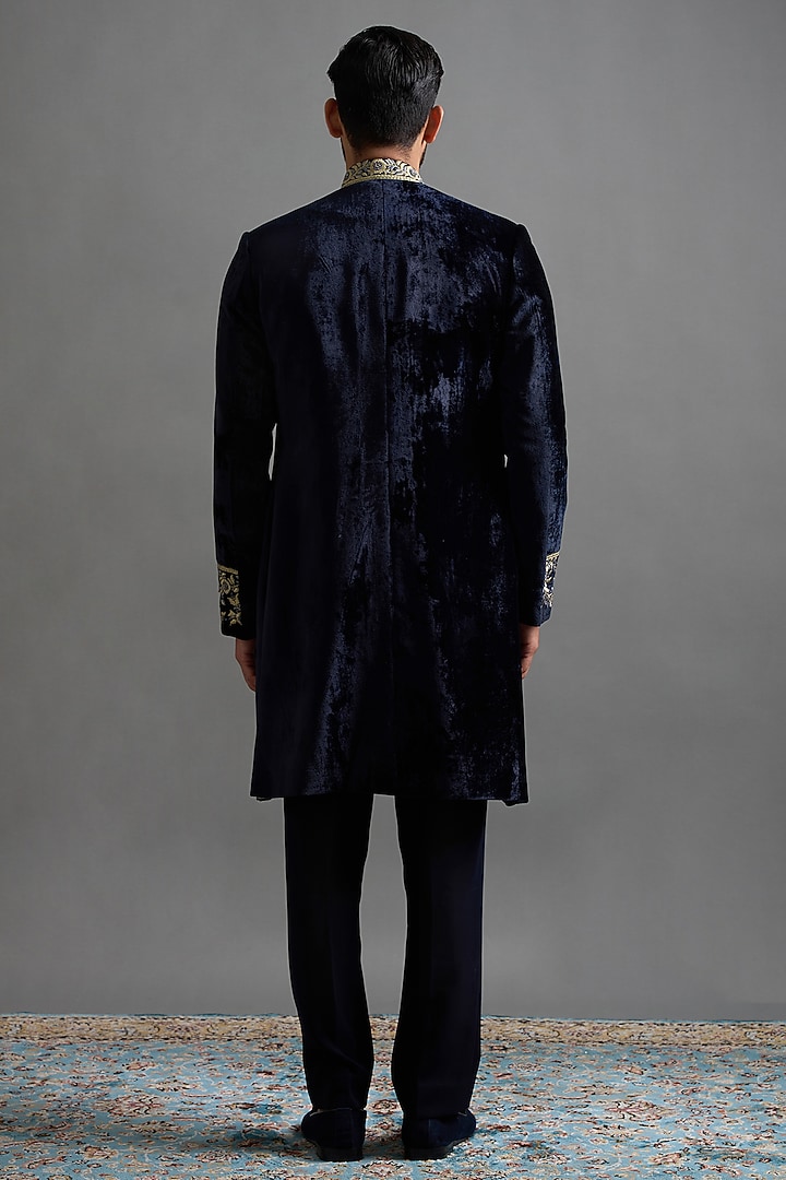 Navy Blue Velvet Hand & Machine Embroidered Wedding Indowestern Set by Gargee Designers at Pernia's Pop Up Shop