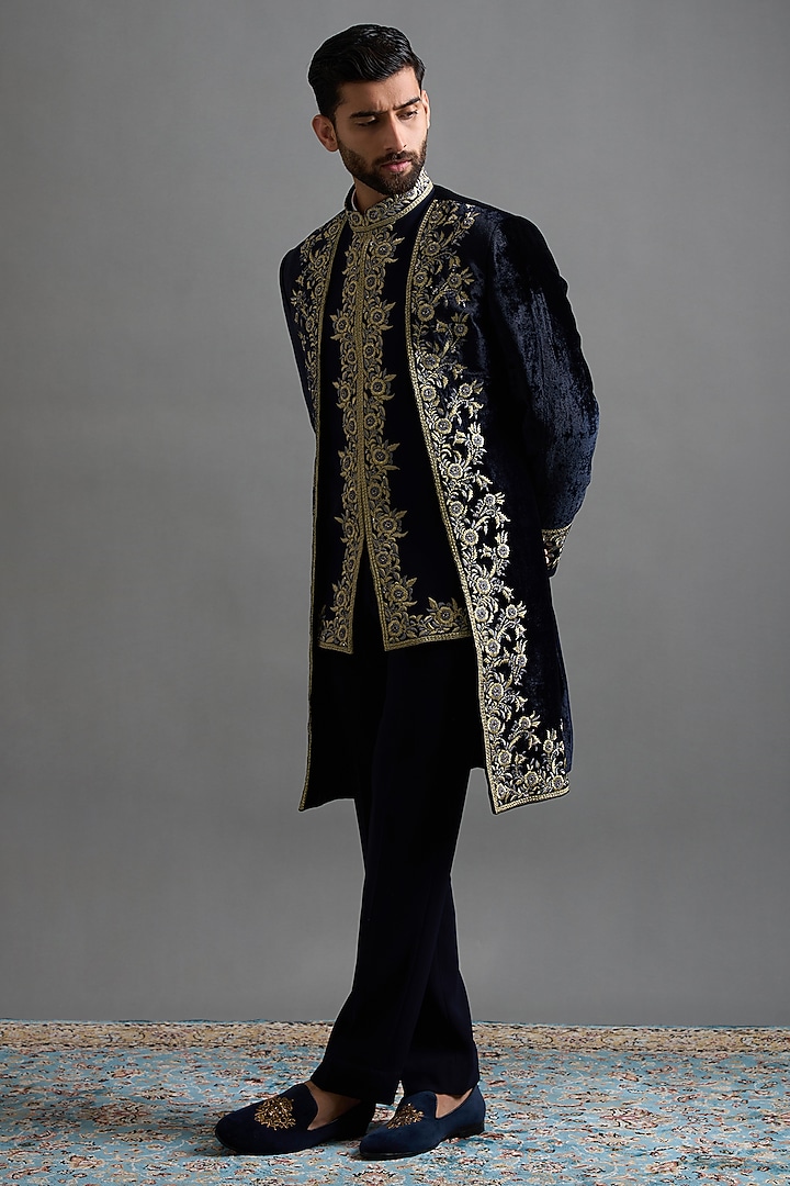 Navy Blue Velvet Hand & Machine Embroidered Wedding Indowestern Set by Gargee Designers at Pernia's Pop Up Shop
