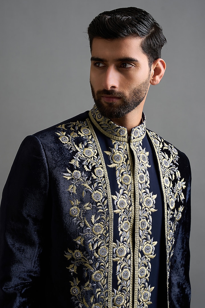 Navy Blue Velvet Hand & Machine Embroidered Wedding Indowestern Set by Gargee Designers at Pernia's Pop Up Shop