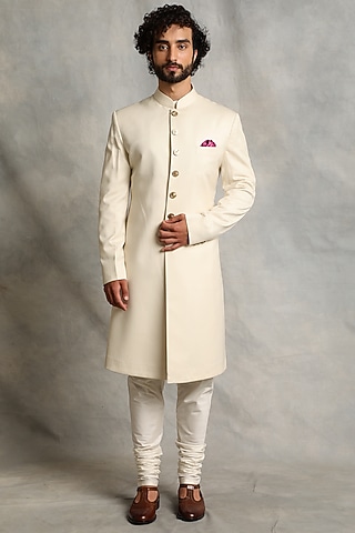 Ivory Poly Viscose Sherwani Set by Gargee Designers