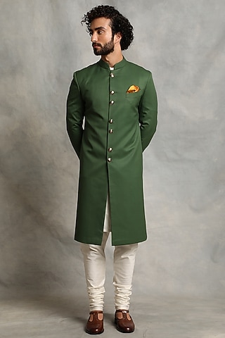 Medium Green Poly Viscose Sherwani Set by Gargee Designers