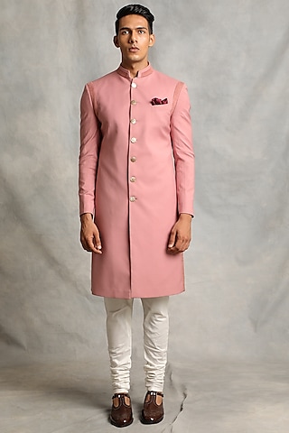 Baby Pink Poly Viscose Sherwani Set by Gargee Designers