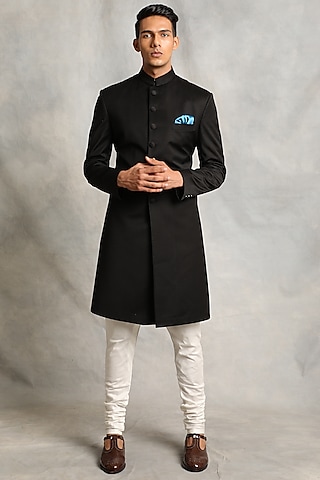 Black Poly Viscose Sherwani Set by Gargee Designers