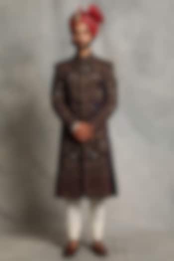 Navy Blue Embroidered Groom Sherwani Set by Gargee Designers at Pernia's Pop Up Shop