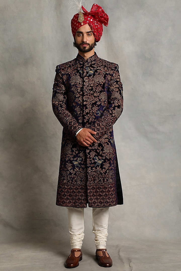 Navy Blue Embroidered Groom Sherwani Set by Gargee Designers at Pernia's Pop Up Shop
