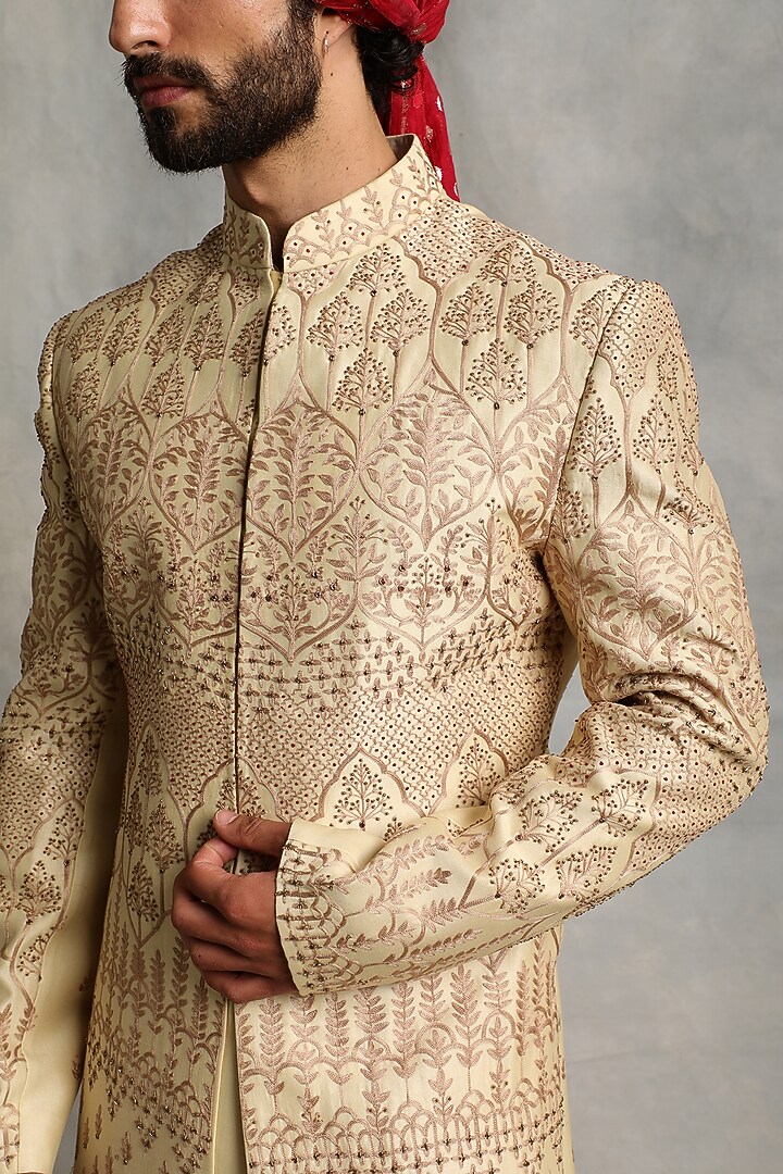 Dull Gold Embroidered Groom Sherwani Set by Gargee Designers at Pernia's Pop Up Shop