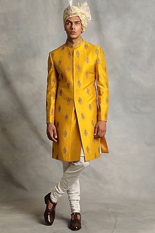 Citrus Yellow Embroidered Sherwani Set by Gargee Designers