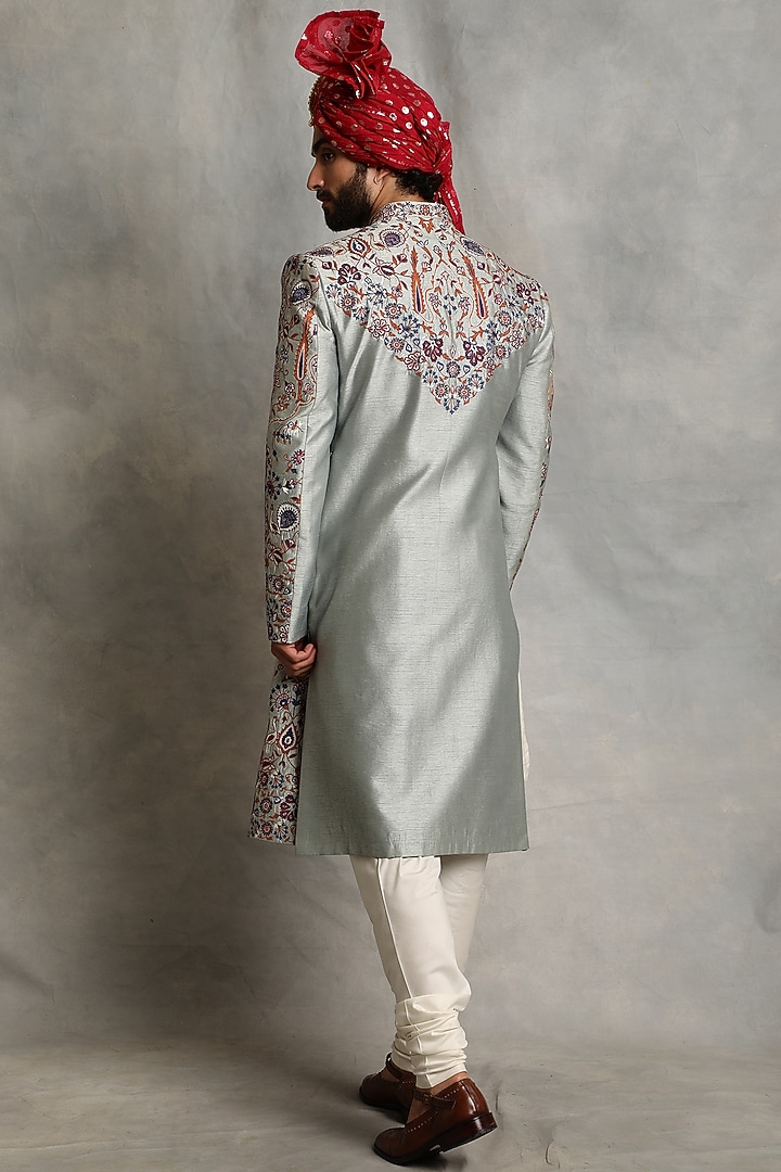 Ash Blue Embroidered Wedding Sherwani Set by Gargee Designers at Pernia's Pop Up Shop
