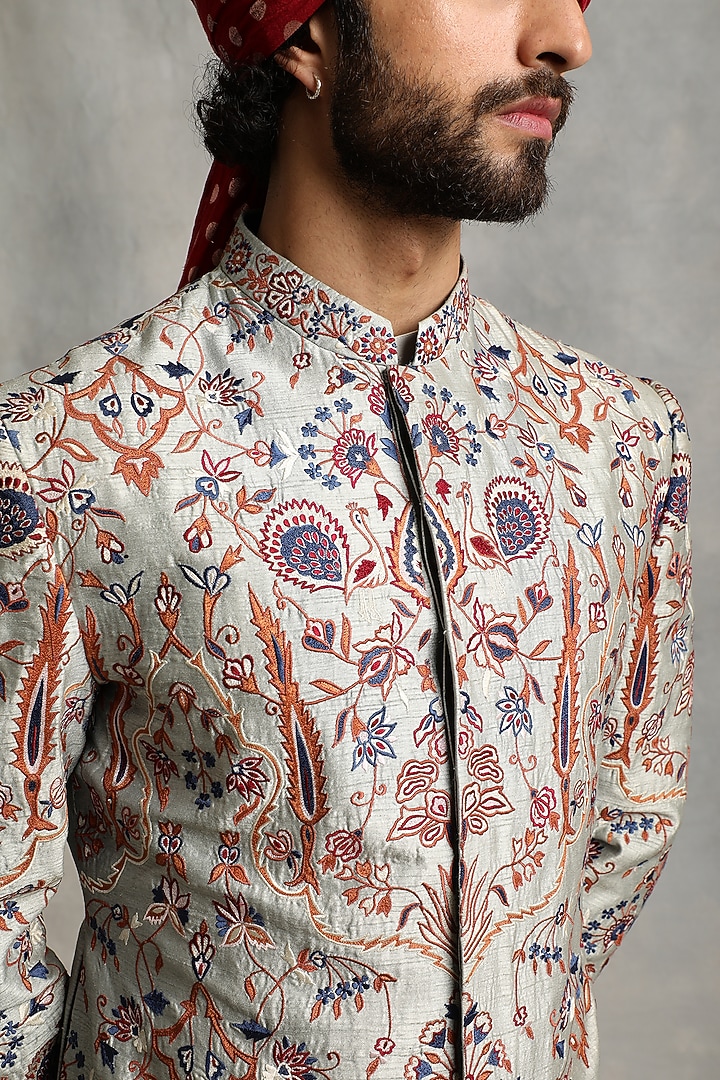 Ash Blue Embroidered Wedding Sherwani Set by Gargee Designers at Pernia's Pop Up Shop
