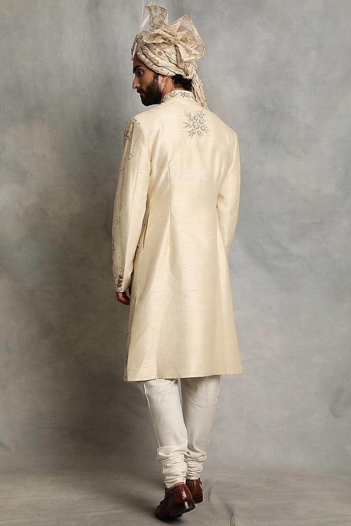 Ivory Raw Silk Wedding Sherwani Set by Gargee Designers at Pernia's Pop Up Shop