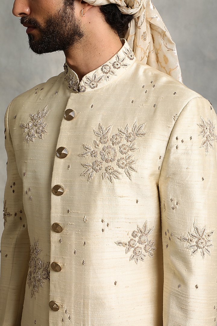 Ivory Raw Silk Wedding Sherwani Set by Gargee Designers at Pernia's Pop Up Shop