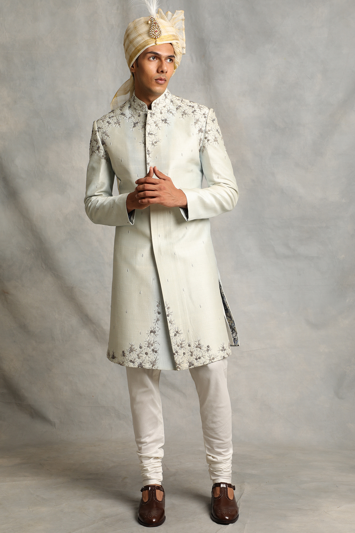 Ice Blue Embroidered Sherwani Set by Gargee Designers