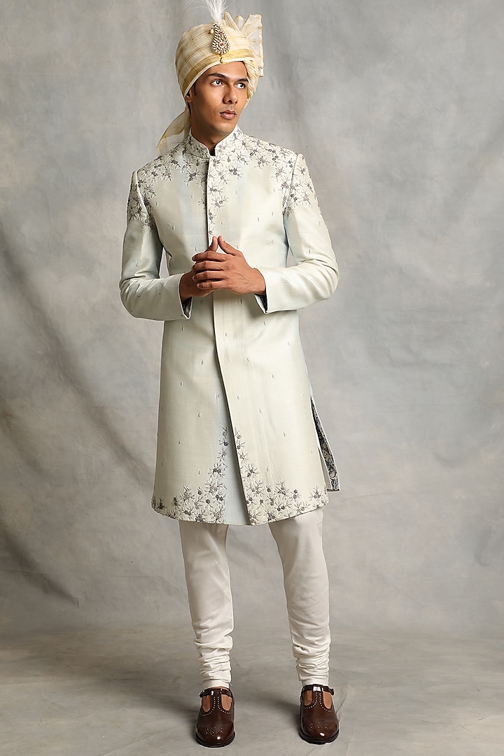 Ice Blue Embroidered Sherwani Set by Gargee Designers