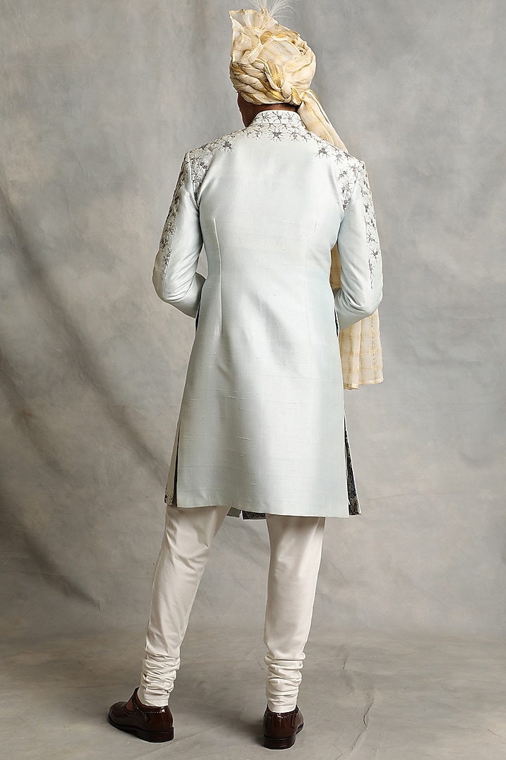 Ice Blue Embroidered Wedding Sherwani Set by Gargee Designers at Pernia's Pop Up Shop