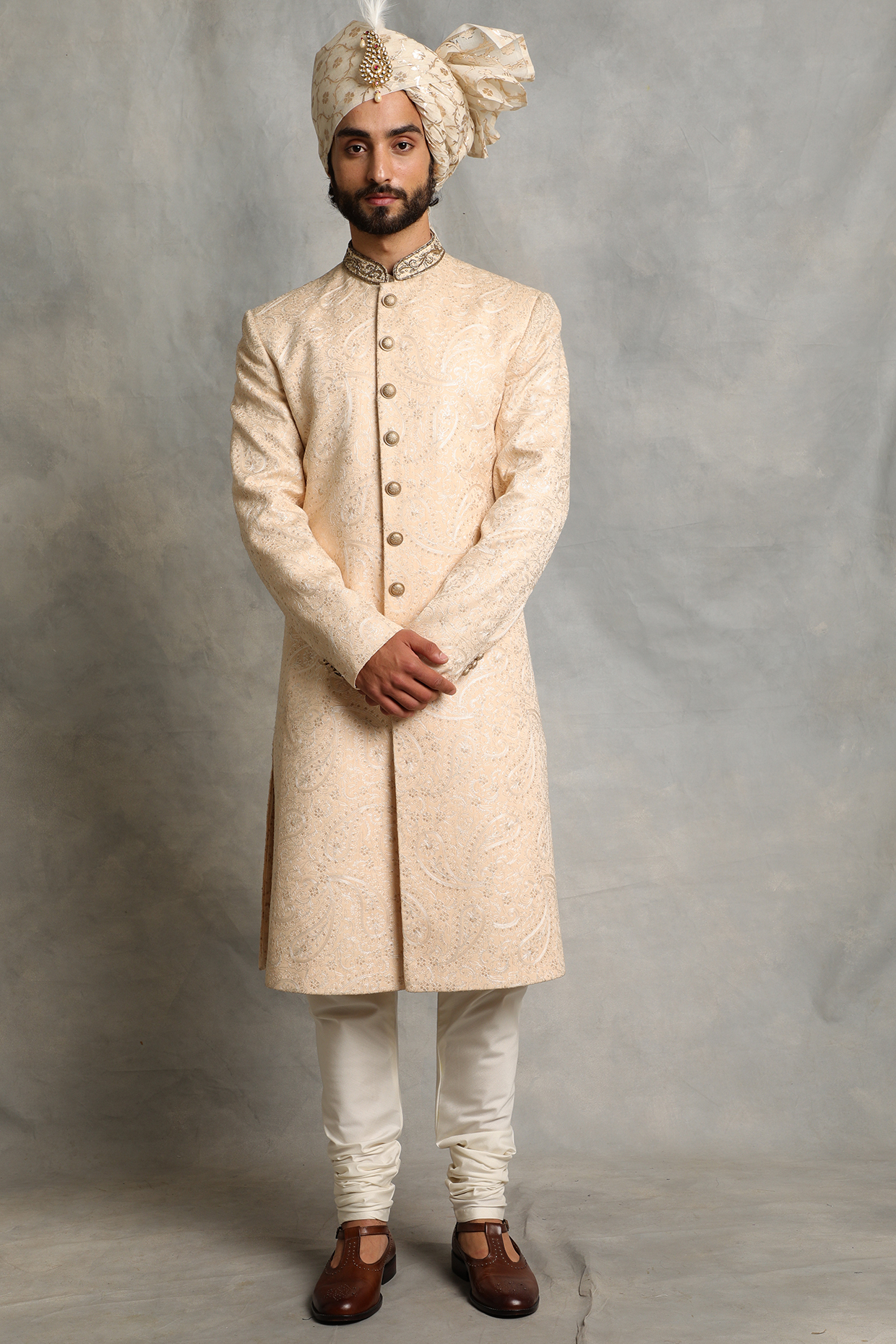 Light Peach Embroidered Wedding Sherwani Set by Gargee Designers at Pernia's Pop Up Shop