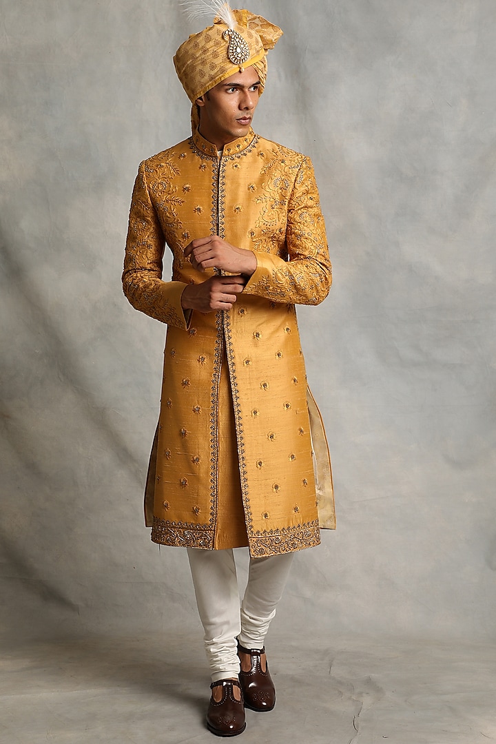 German Mustard Embroidered Groom Sherwani Set by Gargee Designers at Pernia's Pop Up Shop