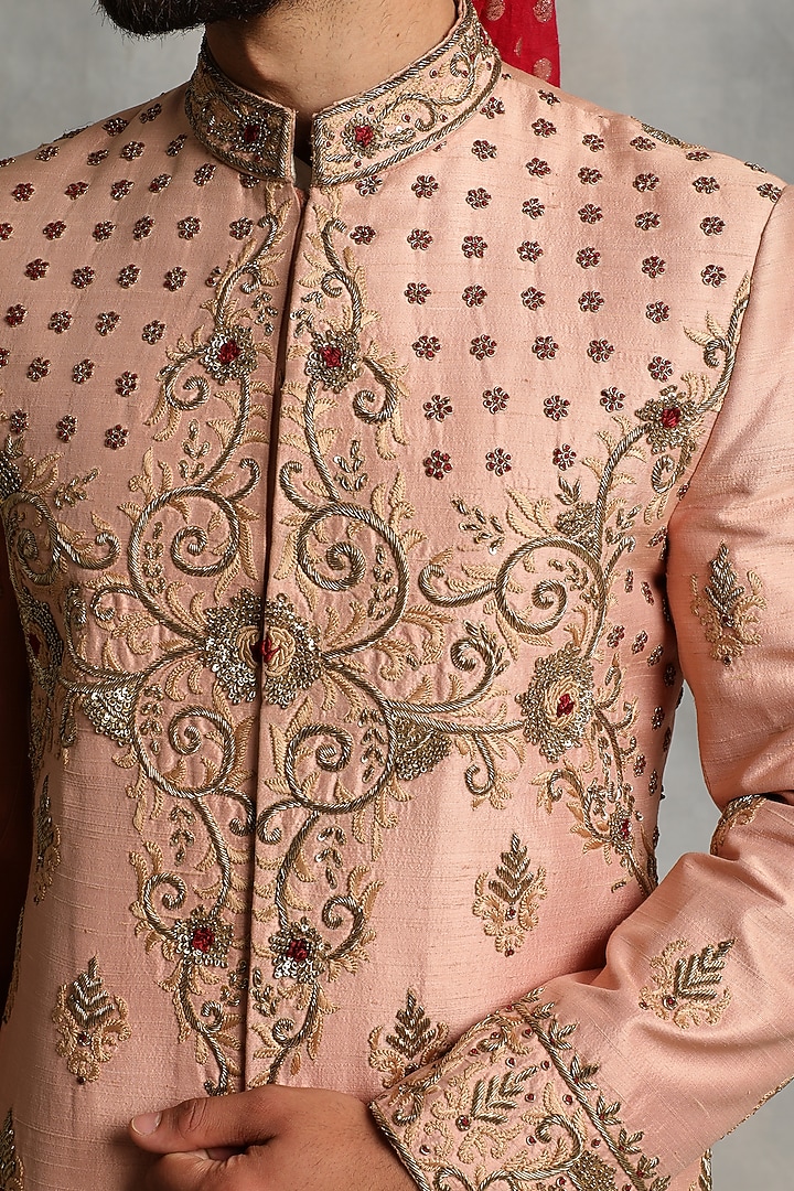 Coral Beige Embroidered Groom Sherwani Set by Gargee Designers at Pernia's Pop Up Shop