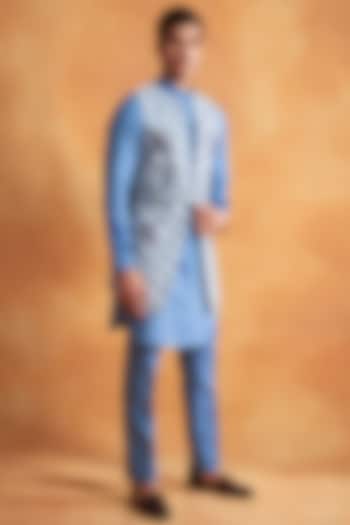 Cloud Blue Silk Kurta Set With Cornflower Blue Wedding Indowestern Jacket by Gargee Designers at Pernia's Pop Up Shop