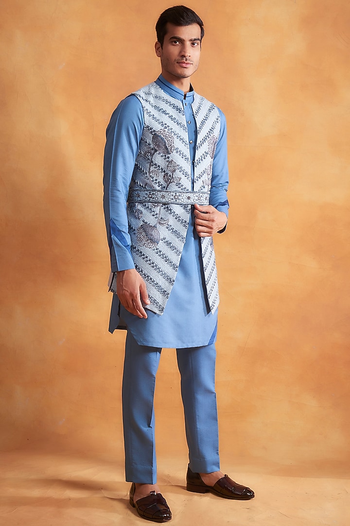 Cloud Blue Silk Kurta Set With Cornflower Blue Wedding Indowestern Jacket by Gargee Designers at Pernia's Pop Up Shop