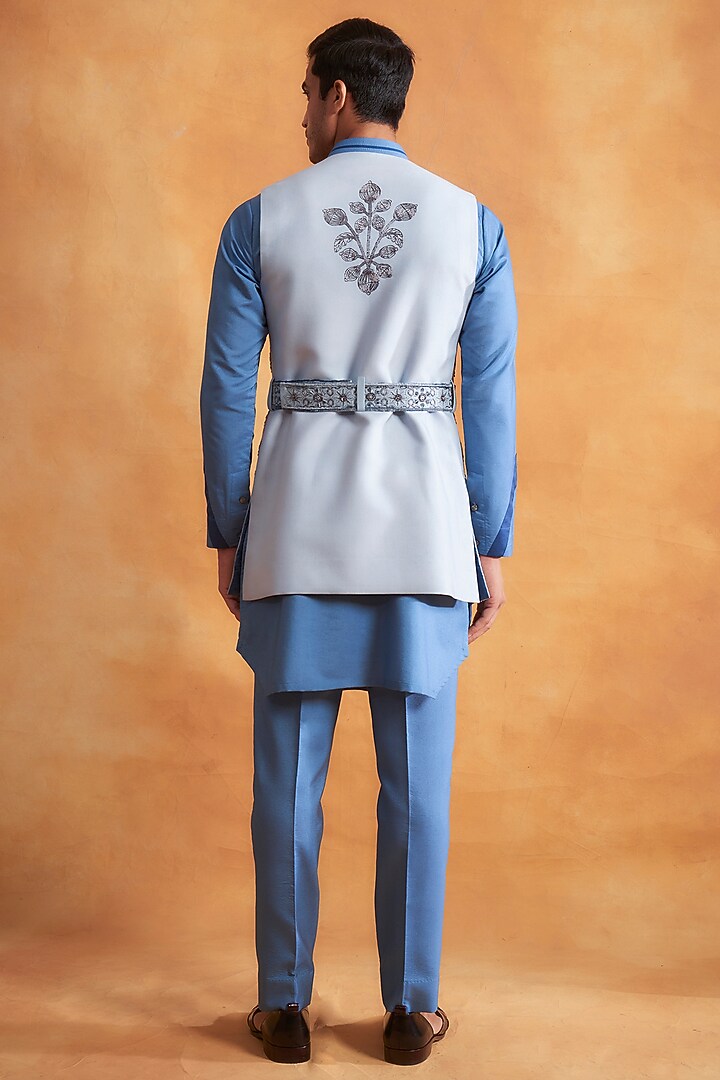 Cloud Blue Silk Kurta Set With Cornflower Blue Wedding Indowestern Jacket by Gargee Designers at Pernia's Pop Up Shop