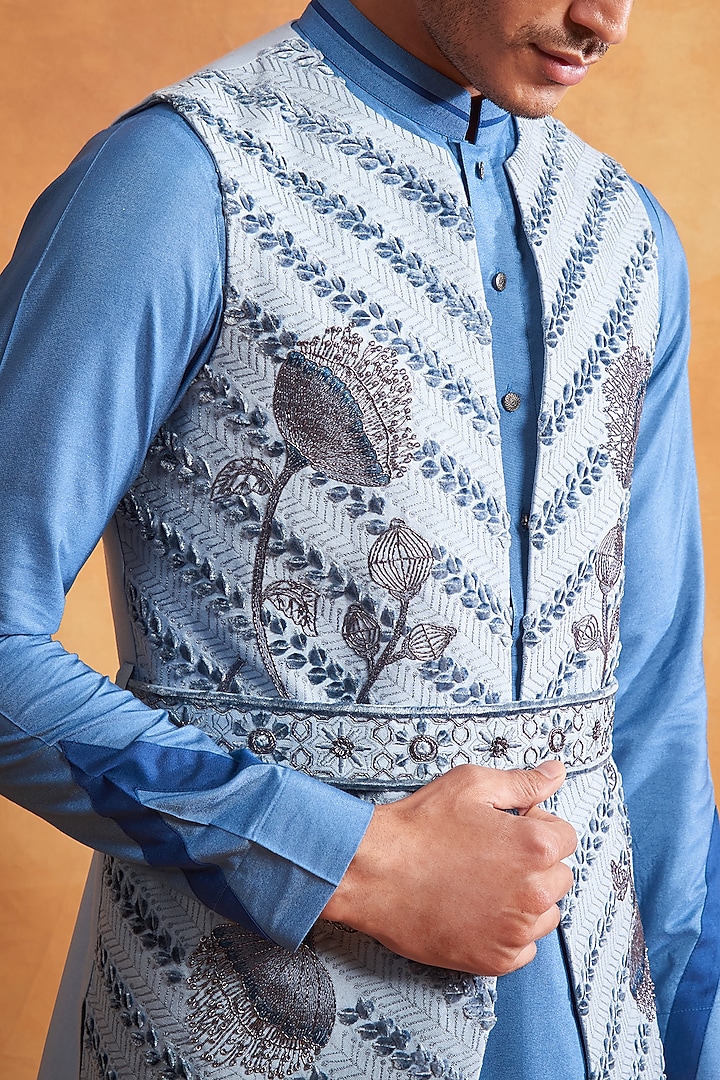 Cloud Blue Silk Kurta Set With Cornflower Blue Wedding Indowestern Jacket by Gargee Designers at Pernia's Pop Up Shop