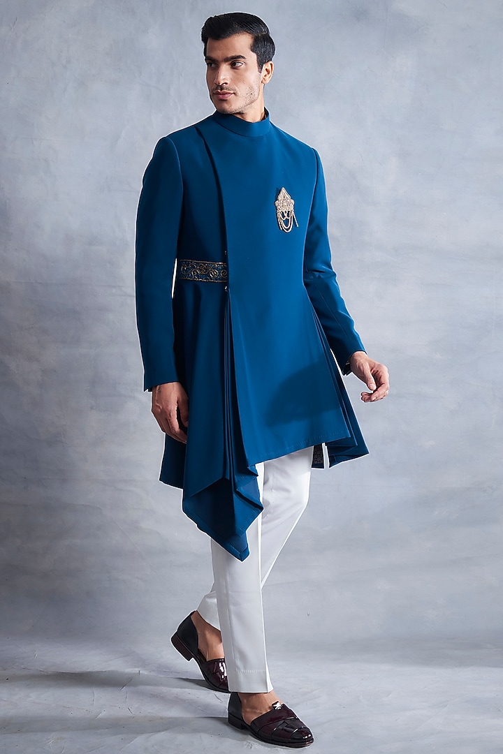 Peacock Blue Embroidered Draped Jacket Set by Gargee Designers at Pernia's Pop Up Shop