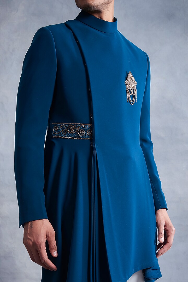 Peacock Blue Embroidered Draped Jacket Set by Gargee Designers at Pernia's Pop Up Shop