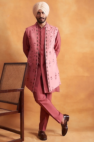 Creamy Coral Kurta Set With Blush Coral Jacket by Gargee Designers