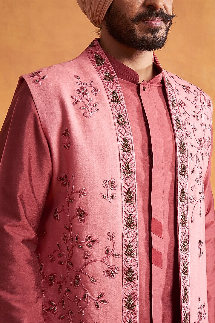 Creamy Coral Kurta Set With Blush Coral Jacket by Gargee Designers at Pernia's Pop Up Shop