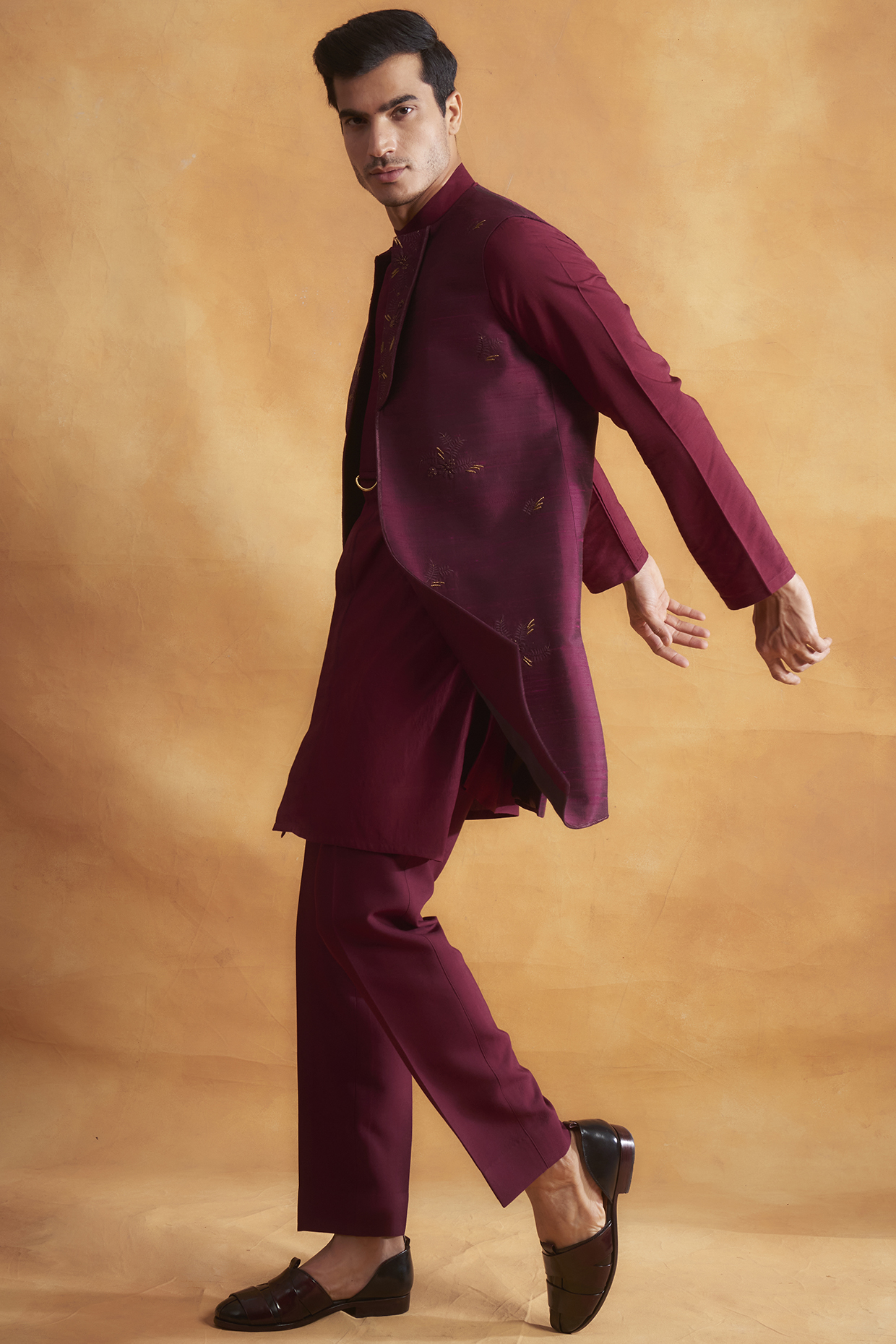 Wine Kurta Set With Wedding Bandhgala Jacket by Gargee Designers at Pernia's Pop Up Shop