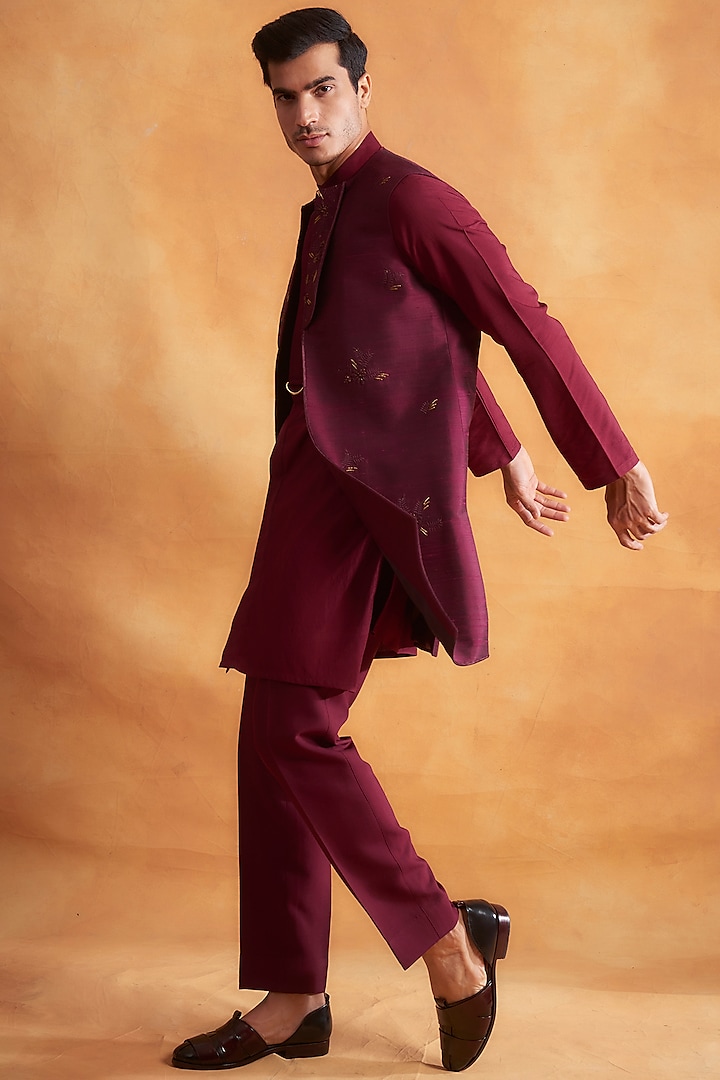 Wine Kurta Set With Wedding Bandhgala Jacket by Gargee Designers at Pernia's Pop Up Shop