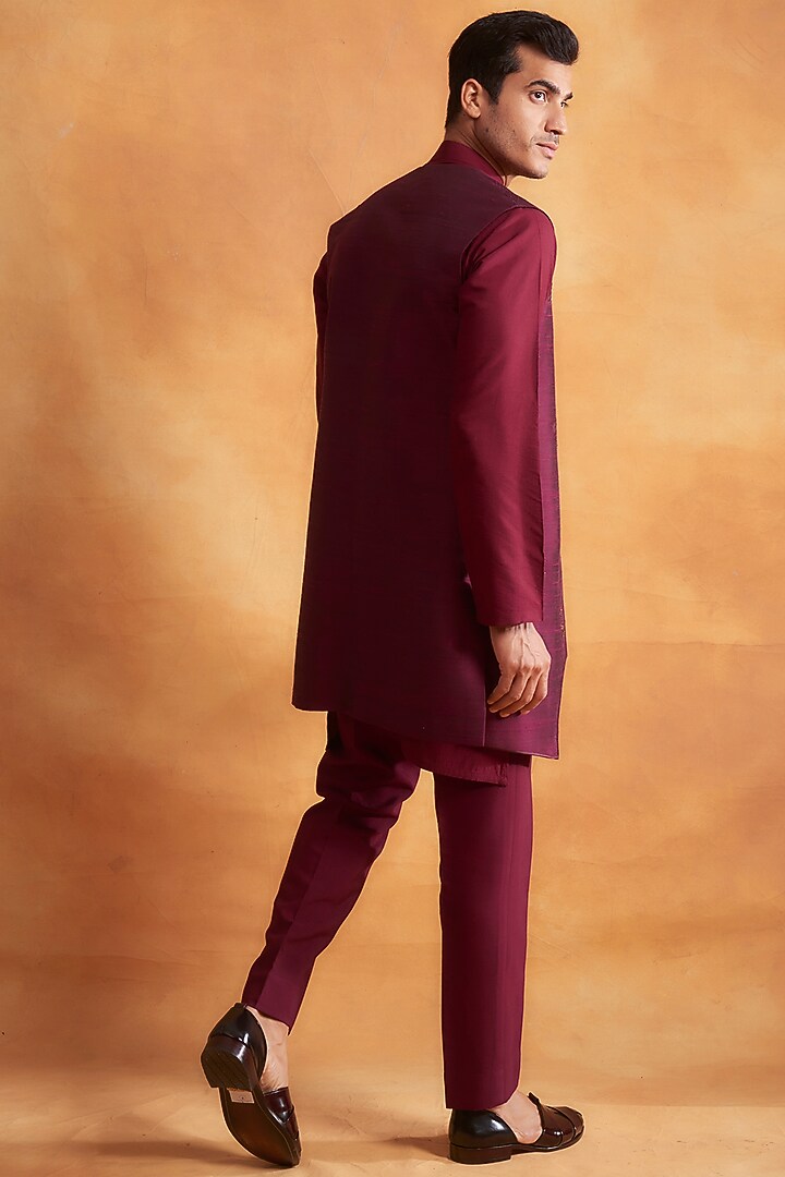 Wine Kurta Set With Wedding Bandhgala Jacket by Gargee Designers at Pernia's Pop Up Shop
