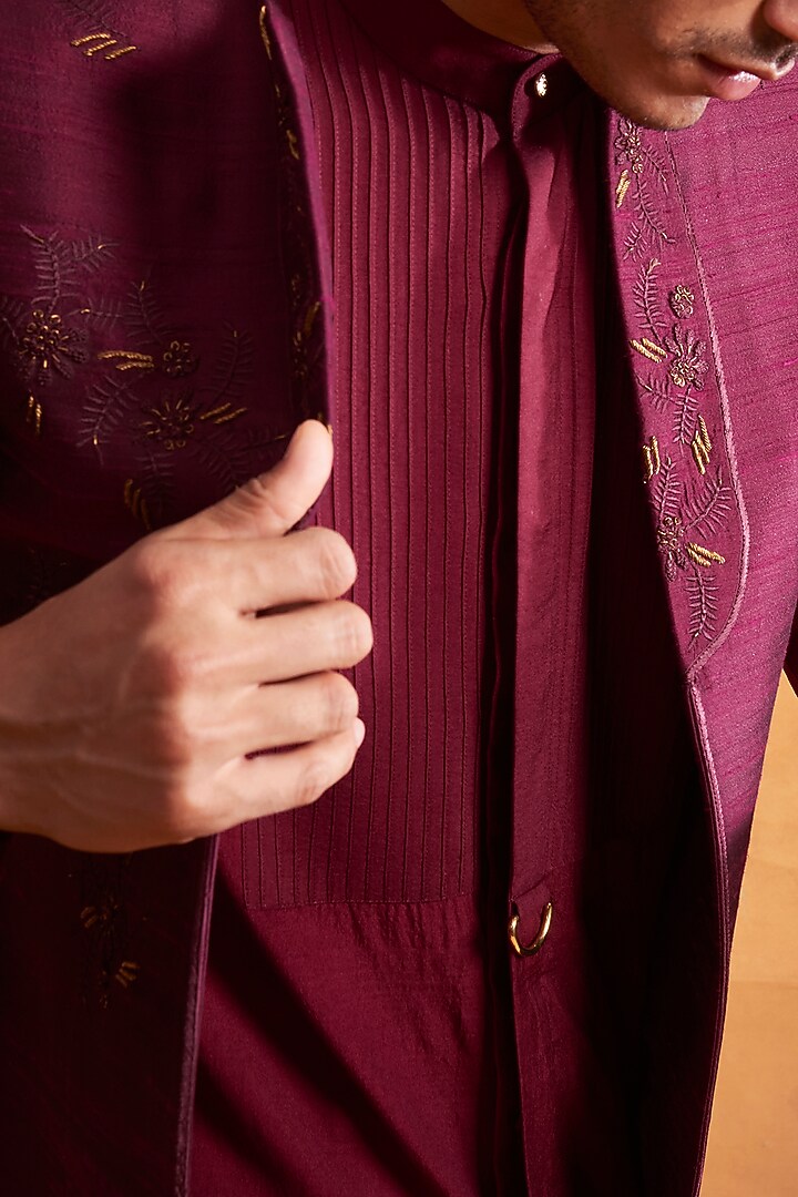 Wine Kurta Set With Wedding Bandhgala Jacket by Gargee Designers at Pernia's Pop Up Shop