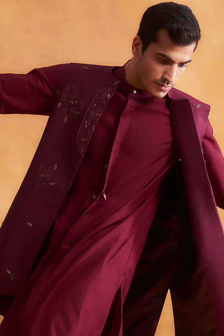 Wine Kurta Set With Wedding Bandhgala Jacket by Gargee Designers at Pernia's Pop Up Shop