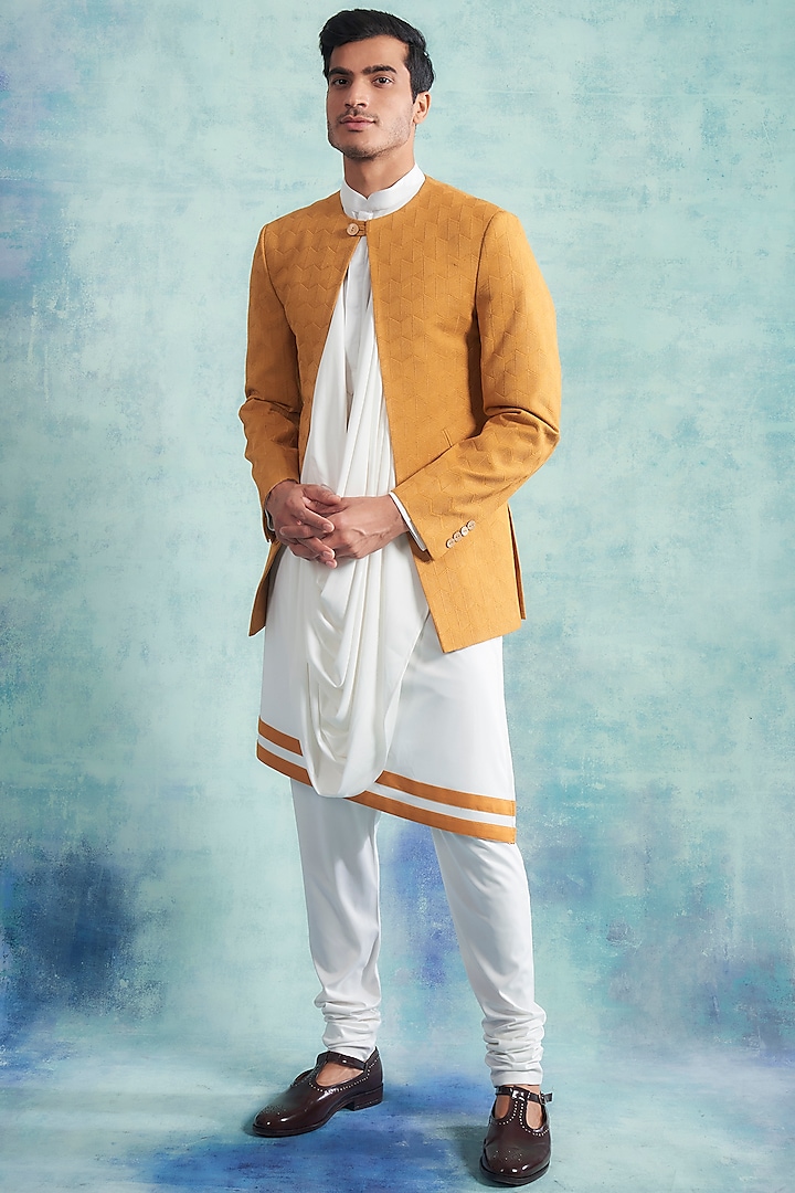 Off-White Draped Kurta Set With Capital Yellow Jacket by Gargee Designers