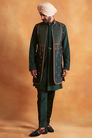Poker Green Kurta Set With Poker Green Jacket by Gargee Designers