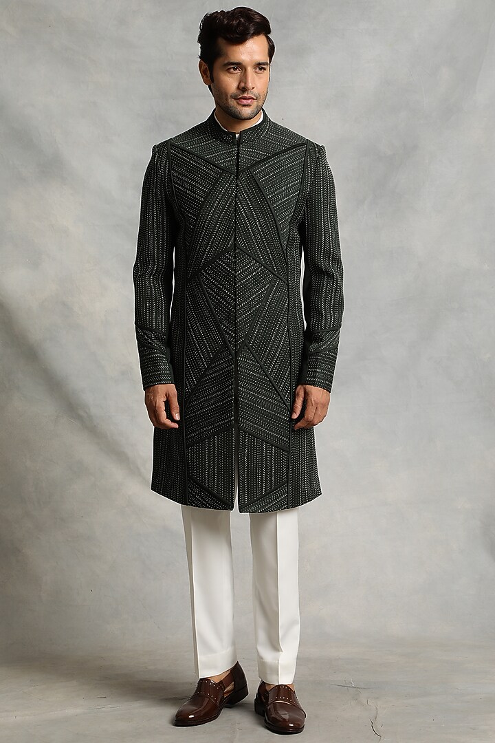 Dark Green Embroidered Jacket Set by Gargee Designers at Pernia's Pop Up Shop