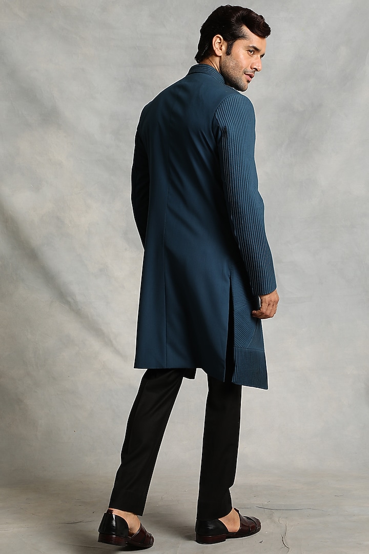Deep Turquoise Pleated Wedding Bandhgala Set by Gargee Designers at Pernia's Pop Up Shop